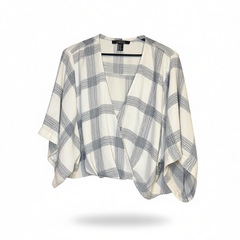 XL Lightweight Contemporary Blue White Plaid Kimono Wrap Top Summer Resortwear